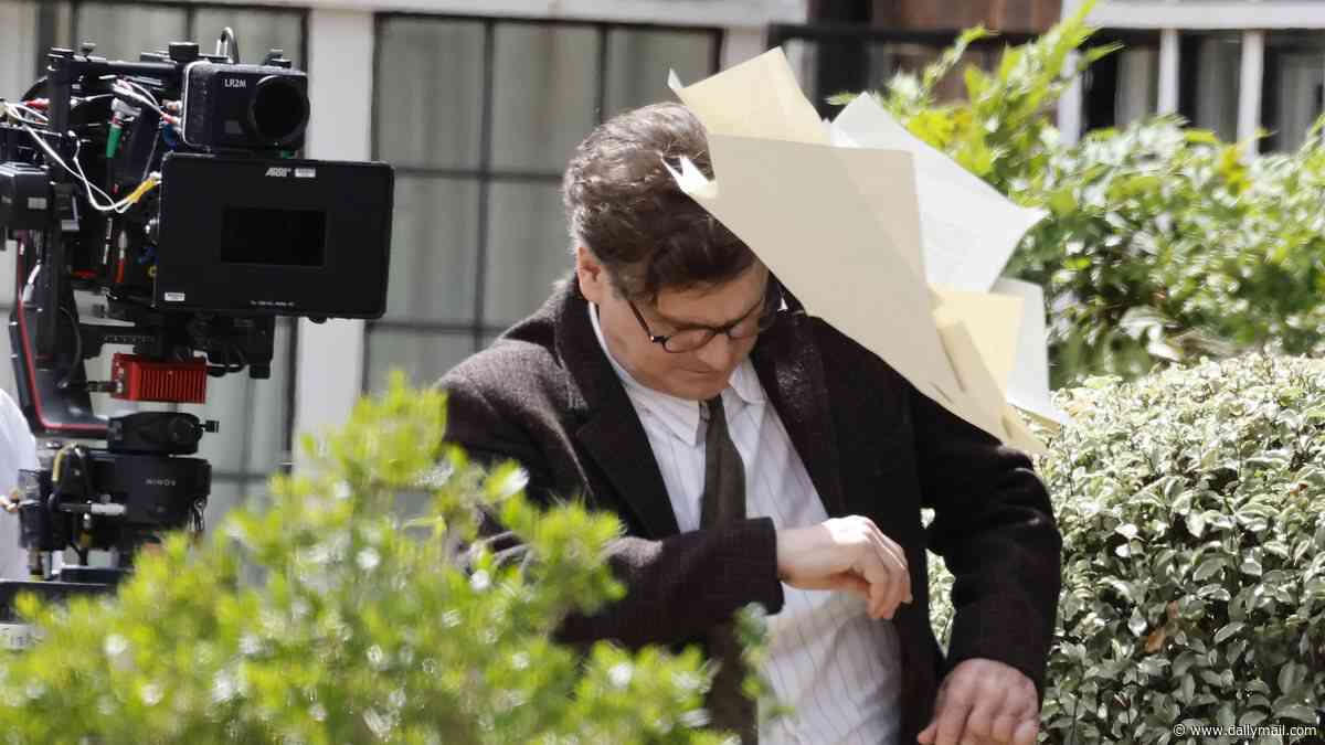 Colin Firth's clothes are thrown out of the window by co-star Laura Linney as they shoot dramatic new scenes as part of the 'throuple' who inspired lovemaking manual The Joy of Sex