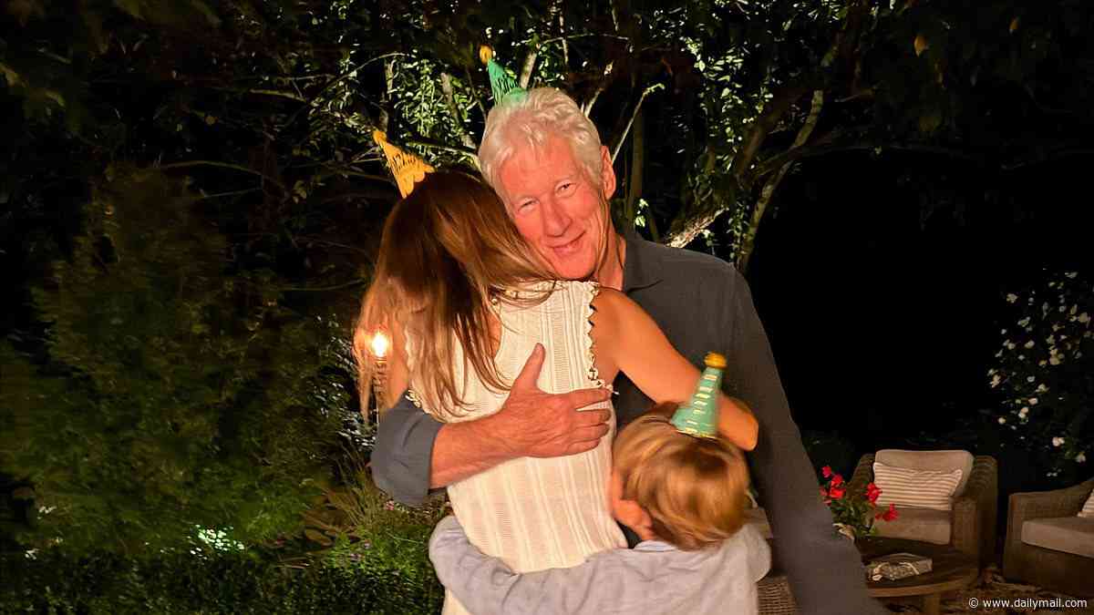 Richard Gere cuddles up to much-younger wife and six-year-old son as he celebrates 77th birthday