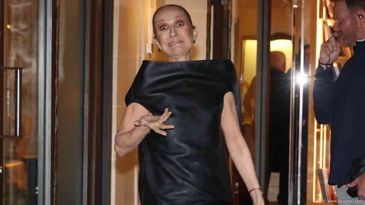 Celine Dion looks giddy as she returns to her hotel ahead of her Paris residency after dancing in the street