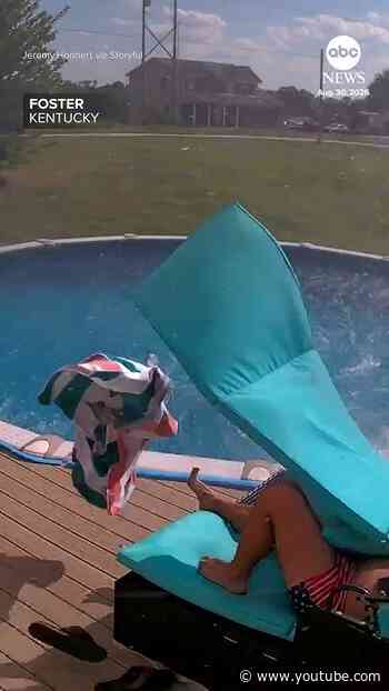 Dust devil sends pool floats flying