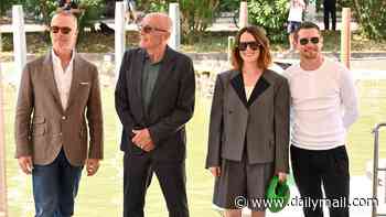 Claire Foy looks chic in oversized grey shorts suit as she joins Jack O'Connell and Guy Pearce at Ink photocall during Venice Film Festival