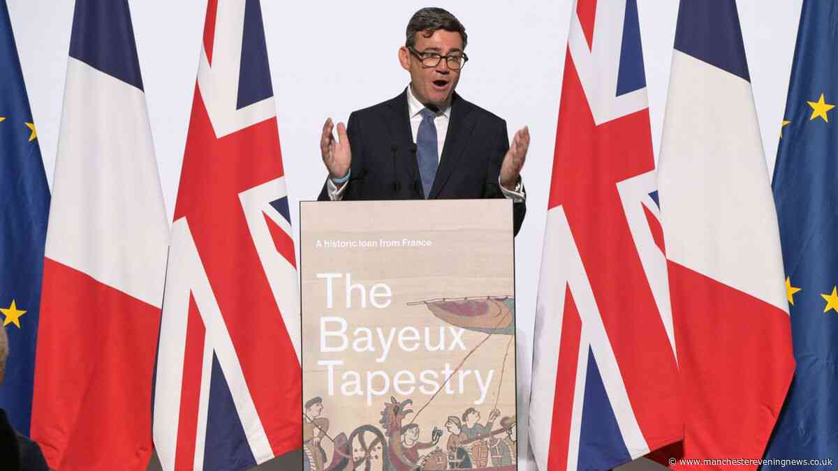 Andy Burnham shares joke with Macron on Bayeux tapestry tour with the King