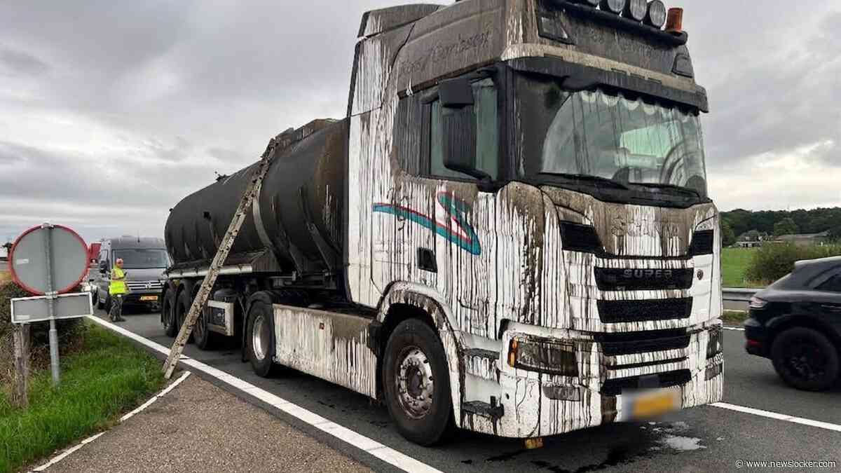 Vrachtwagen verliest lading mest bij noodstop: chauffeur, cabine en weg onder de dierenpoep