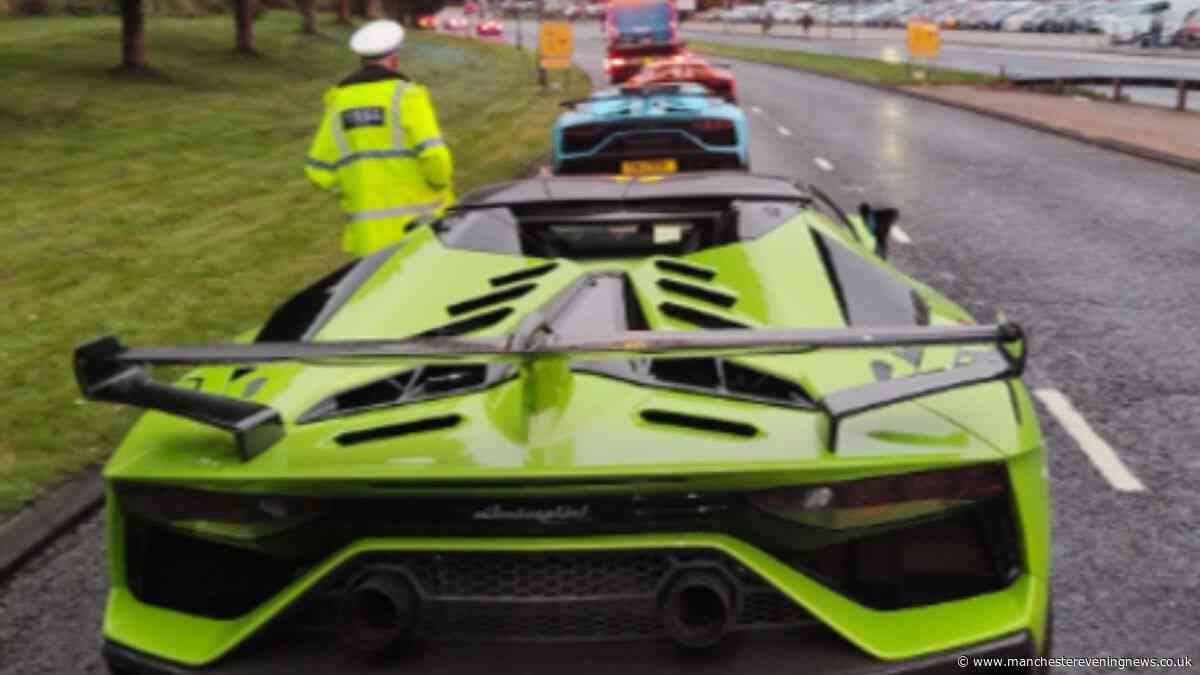 Moment Lamborghini 'Drive to Survive' supercar convoy is suddenly stopped after acts on M66 and M62
