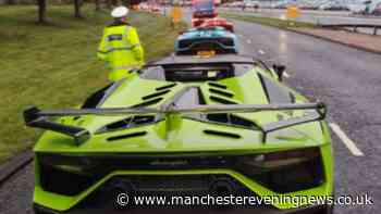 Moment Lamborghini supercar convoy is suddenly stopped as police seize cars after acts on M66 and M62