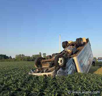 Box truck flips on US 224 after driver overcorrects