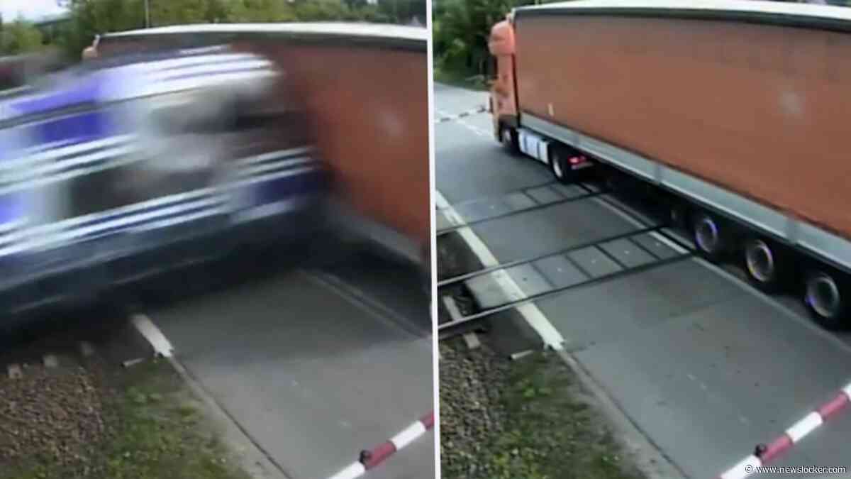 Schokkend moment: trein rijdt in op vastzittende vrachtwagen