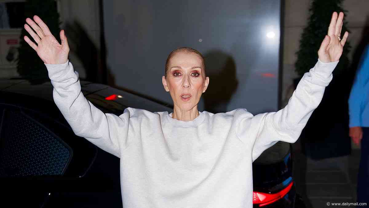 Celine Dion wears an oversized designer tracksuit as she meets fans and sings and dances outside the Le Royal Monceau hotel ahead of her Paris concerts