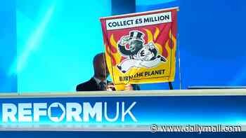 Greenpeace hijacks Reform conference stage with banner attacking Farage and Tice over opposition to Net Zero
