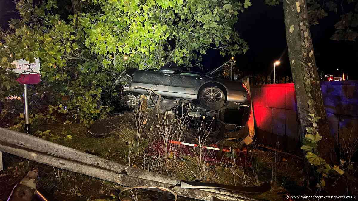 Audi wrecked after 'landing on tree' in Regent Road roundabout crash