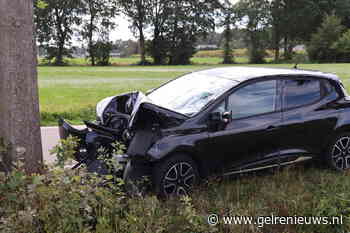Auto met volwassene en twee kinderen botst tegen boom