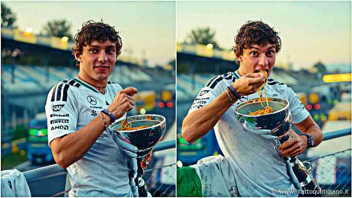 Antonelli mangia gli spaghetti direttamente dalla coppa vinta a Monza: la foto è virale. “Sogno a occhi aperti”
