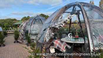 Winter wonderland garden centre opening dining globes at festive food market