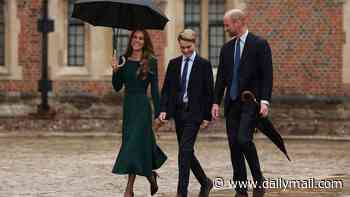 Prince George's first day at Eton: King-in-waiting poses in his new school uniform after arriving with proud Prince and Princess of Wales by his side