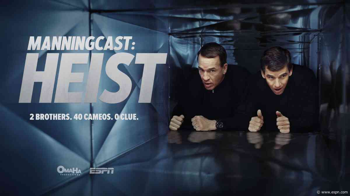 Peyton and Eli Manning in black jumpsuits? Manning brothers go behind the scenes of 'ManningCast: Heist'
