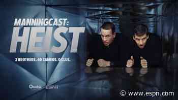Peyton and Eli Manning in black jumpsuits? Manning brothers go behind the scenes of 'ManningCast: Heist'