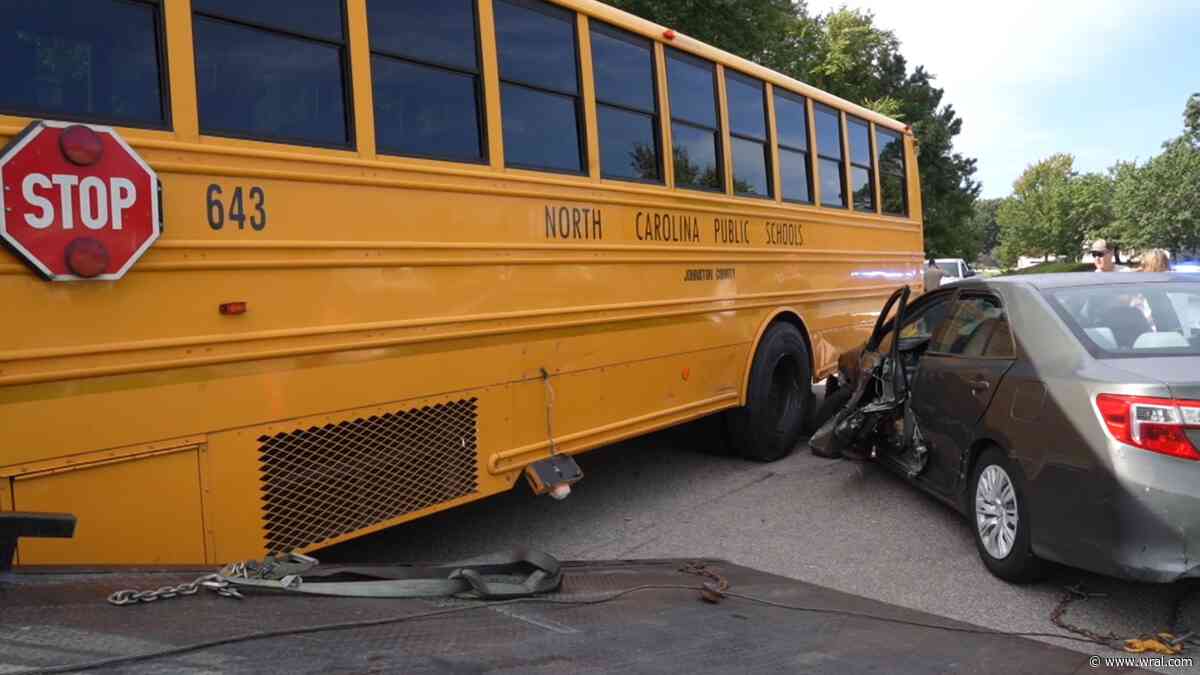 Car hits Johnston County school bus with 23 children on board; no injuries reported