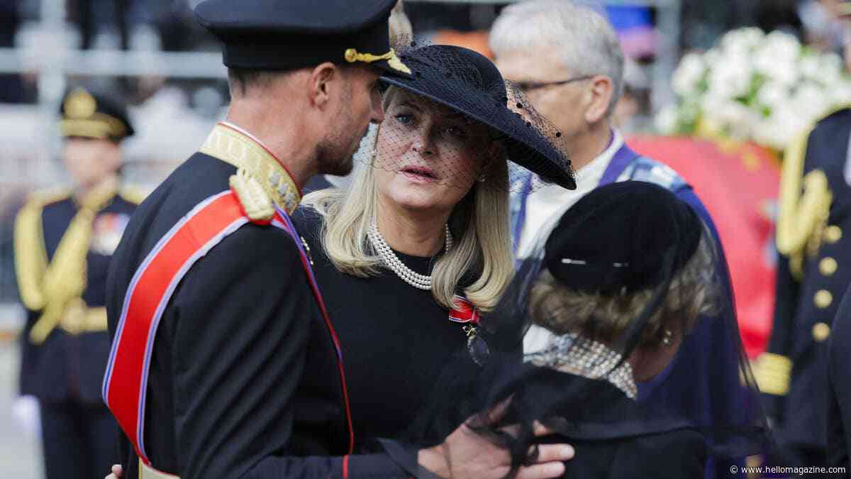 The moment Queen Mette-Marit of Norway breaks down in tears at father-in-law King Harald V's funeral