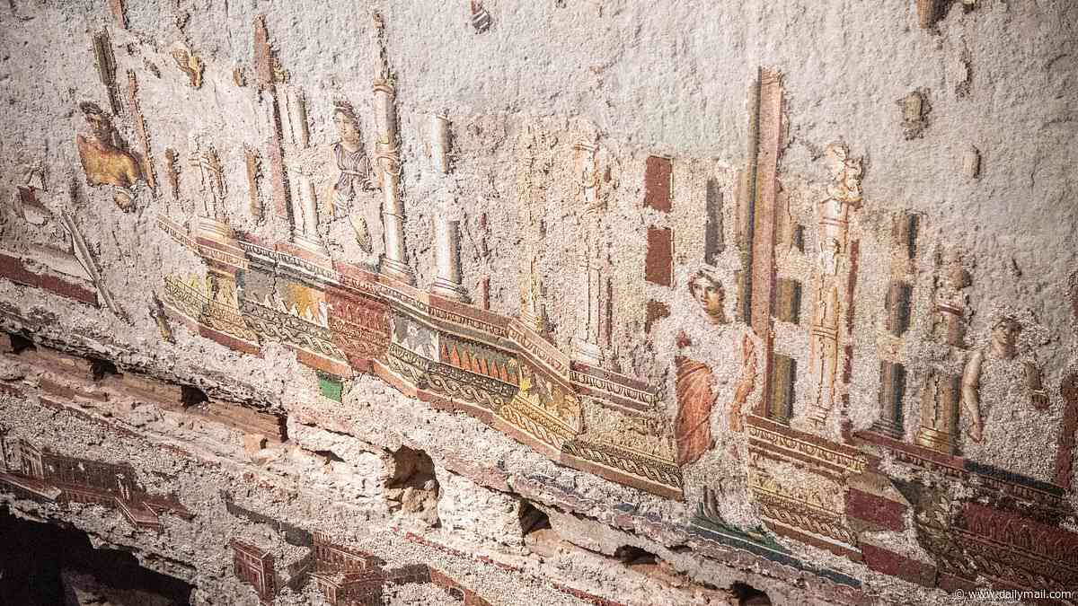 'Biggest ever' Roman wall mosaic is revealed after 2,000 years: Stunning artwork near the Colosseum features a bearded philosopher, a centaur and a young poet