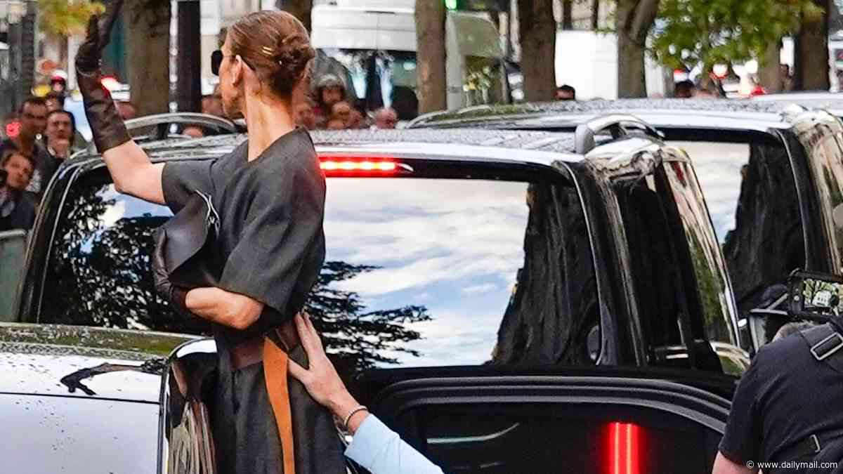 Celine Dion gets a helping hand from a member of her team as she greets fans in fabulous high heels