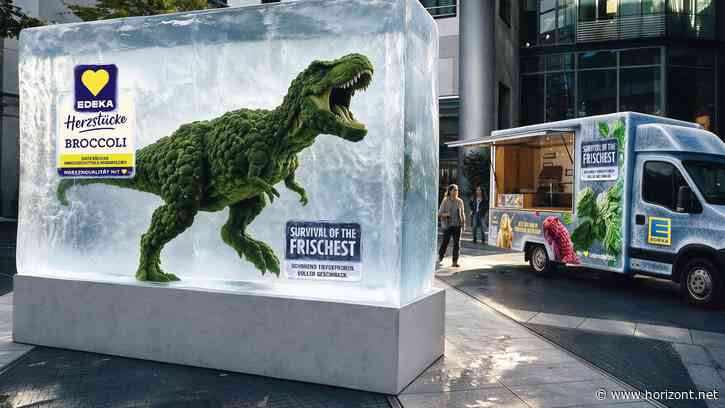 Werbeaktion am Potsdamer Platz: Was Edeka mit seiner riesigen T-Rex-Installation aus Brokkoli bewirken will