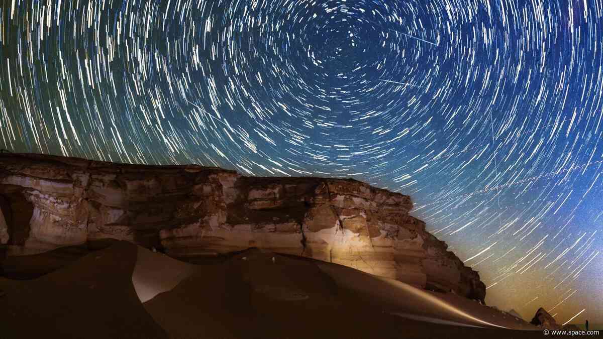 Perseid meteors meet mesmerizing star trails over Egypt's Western Desert