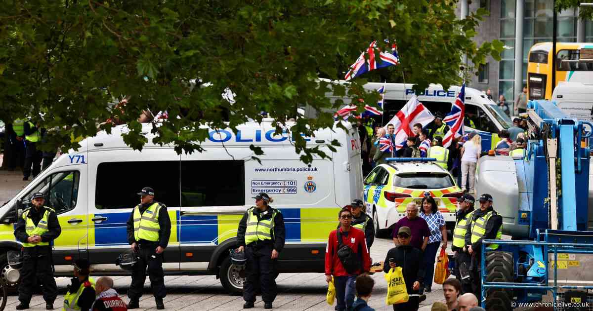 Demonstrations in Newcastle city centre with large police presence near Civic Centre