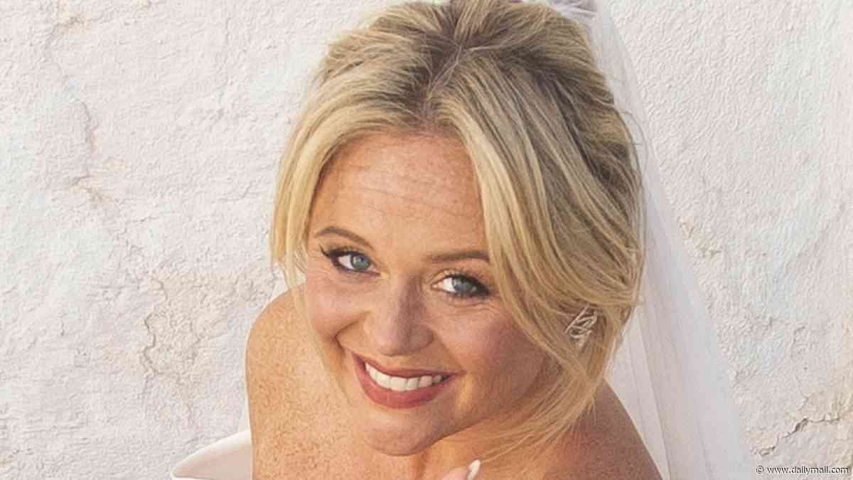 Emily Atack stuns in an off-the-shoulder bridal gown as she arrives for her star-studded second Spanish wedding to Alistair Garner in a vintage Cadillac