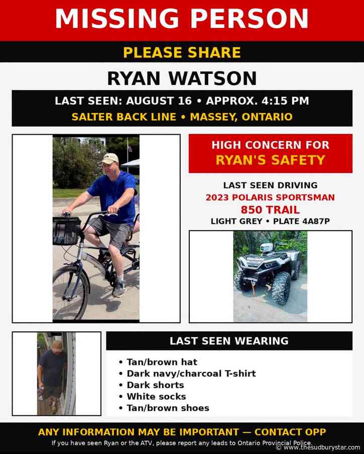 OPP concerned for man last seen on Aug. 16 west of Sudbury