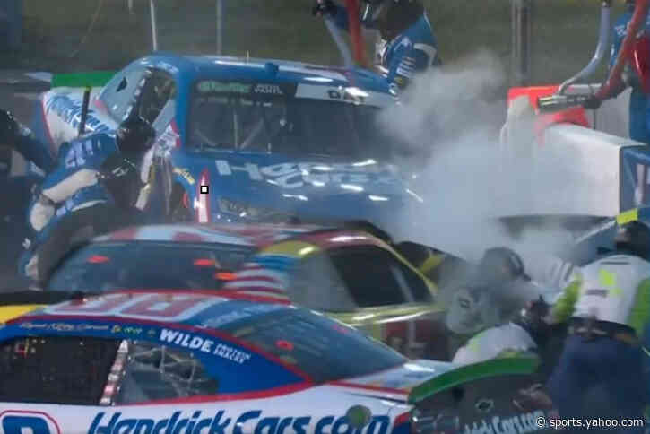 Pit crews narrowly avoid serious injury in scary NASCAR pit road crash