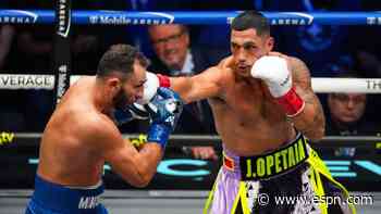Opetaia rocks Mikaelian by 9th-round TKO, faces off in ring with Benavidez