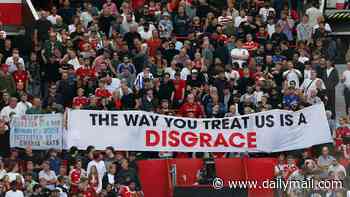 Furious Man United fans tell club 'the way you treat us is a disgrace': Supporters unveil protest banner ahead of Manchester derby amid huge protests in front of onlooking Sir Jim Ratcliffe at Old Trafford