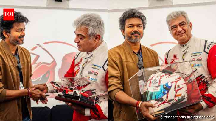 Vijay gifts Ajith Kumar a miniature race car, Ajith returns the gesture with a signed helmet