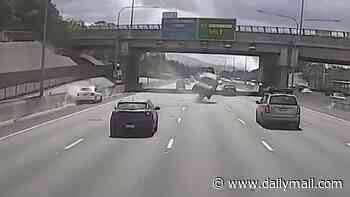 Heart-pounding dashcam footage shows moment car is clipped on the freeway and flips multiple times