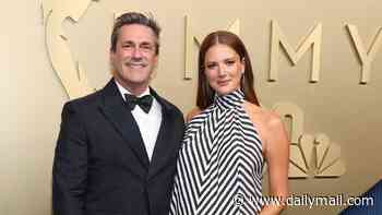 Jon Hamm, 55, proudly poses with pregnant wife Anna Osceola, 38, as expectant parents take to Emmys 2026 red carpet