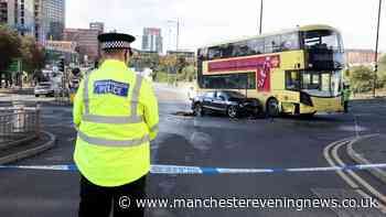 Police update after three injured in Manchester city centre crash involving car and bus