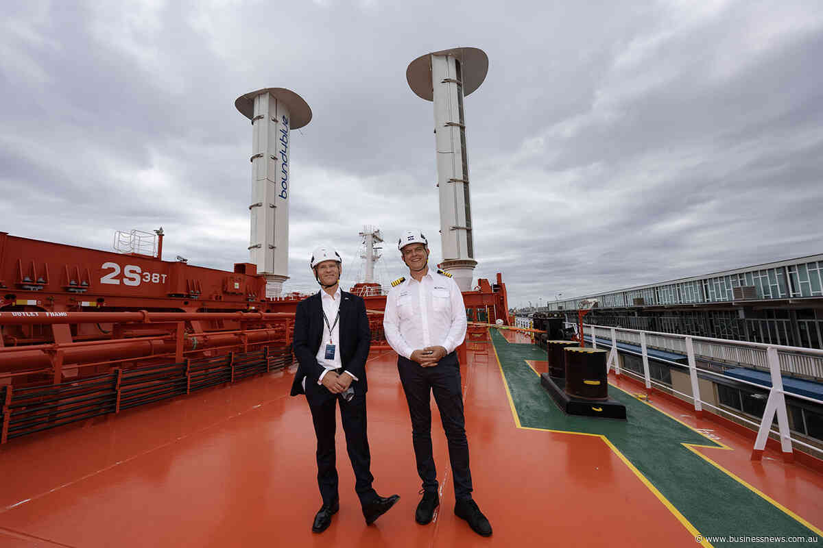 Norwegian shipping firm Klaveness unveils wind-assisted bulk carrier at Fremantle