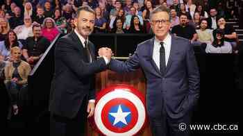 Stephen Colbert returns to late-night TV post-cancellation, as guest on Kimmel