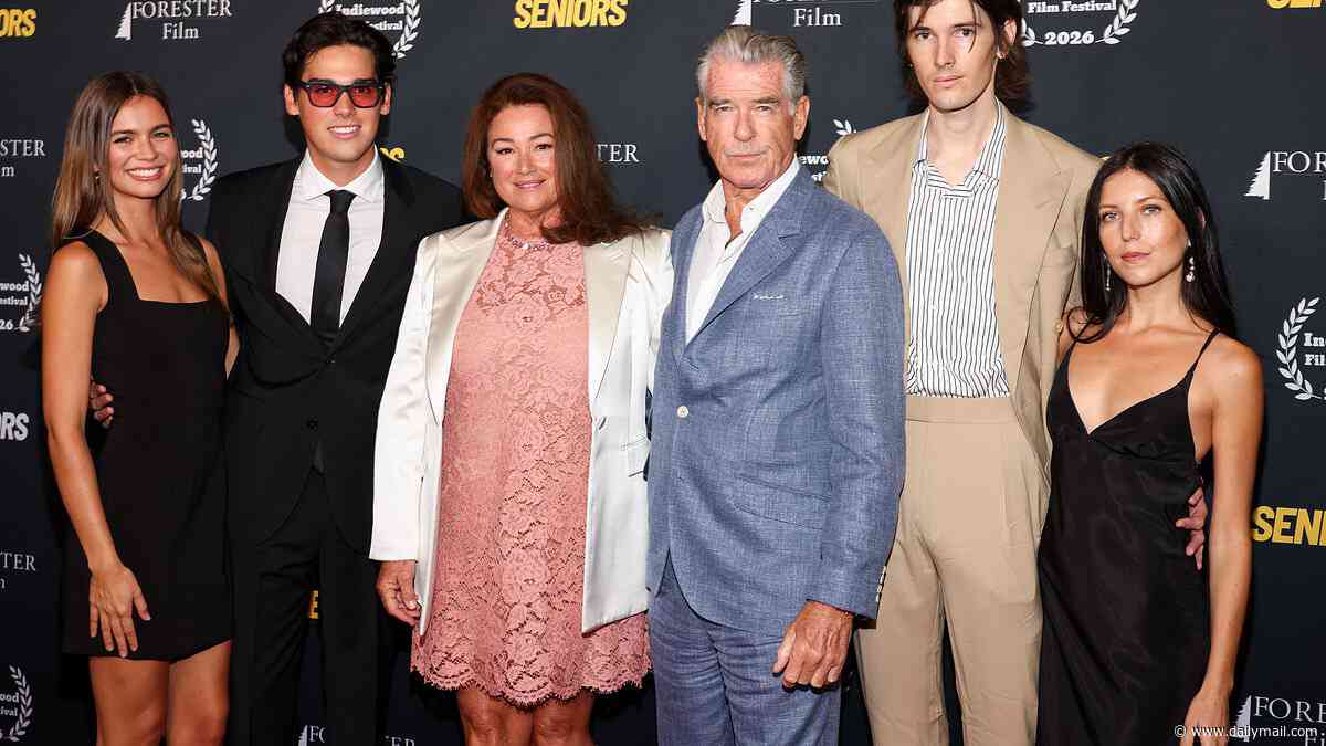 Pierce Brosnan enjoys a full family outing with wife Keely Shaye Smith, sons Paris and Dylan and their girlfriends at the premiere of Seniors