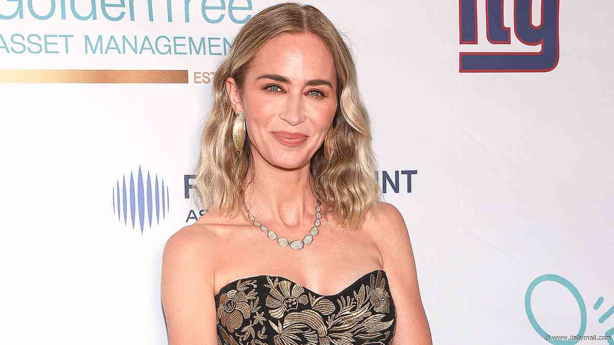 Emily Blunt stuns in a strapless black and gold gown at American Institute for Stuttering Gala after revealing her childhood stutter became 'the making' of her
