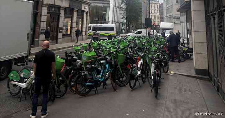Lime Street in London clogged up by a sea of Lime bikes