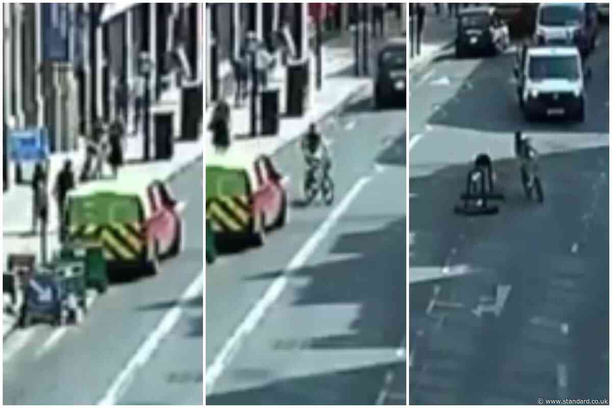 Moment reckless Lime cyclist weaves between pedestrians on London pavement to avoid oncoming bus