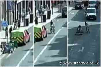 Moment reckless Lime cyclist weaves between pedestrians on London pavement to avoid oncoming bus