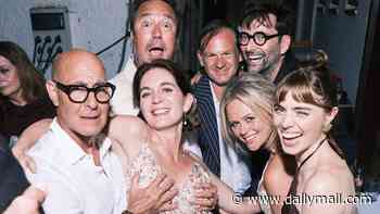 Inside Emily Atack's raucous wedding reception as Stanley Tucci cheekily paws at wife Felicity Blunt while fellow champagne-guzzling guests let loose on the dancefloor