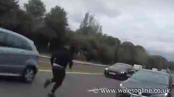 Terrifying moment man drives wrong way during police chase before running into road