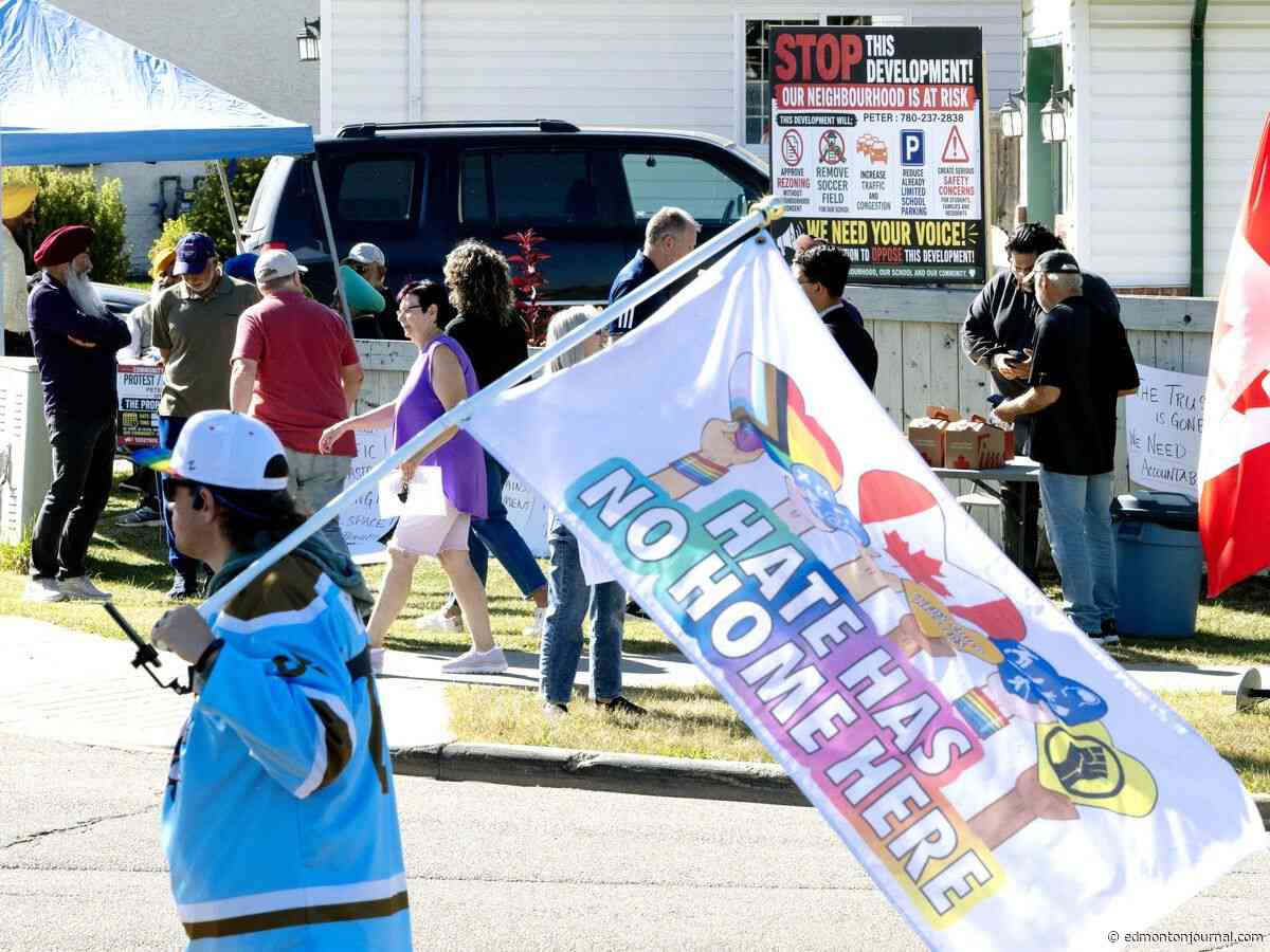 Protesters and counter-protesters clash at Mill Woods affordable housing site