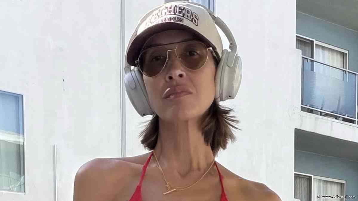 Myleene Klass, 48, poses in a bikini top and denim hotpants as she shoots new Skechers campaign in LA