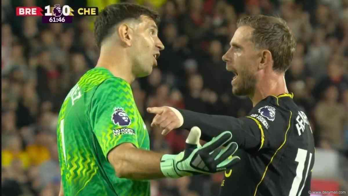 Jordan Henderson embroiled in tense on-field spat with Emiliano Martinez: Chelsea star exchanges words with new team-mate after first Brentford goal in shock 3-0 defeat