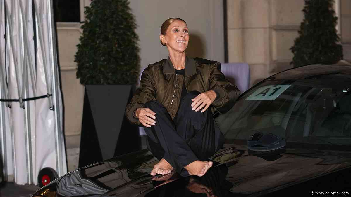 Celine Dion, 58, dances and sings barefoot on a car before bizarrely lying down on the bonnet outside her hotel after her show in Paris