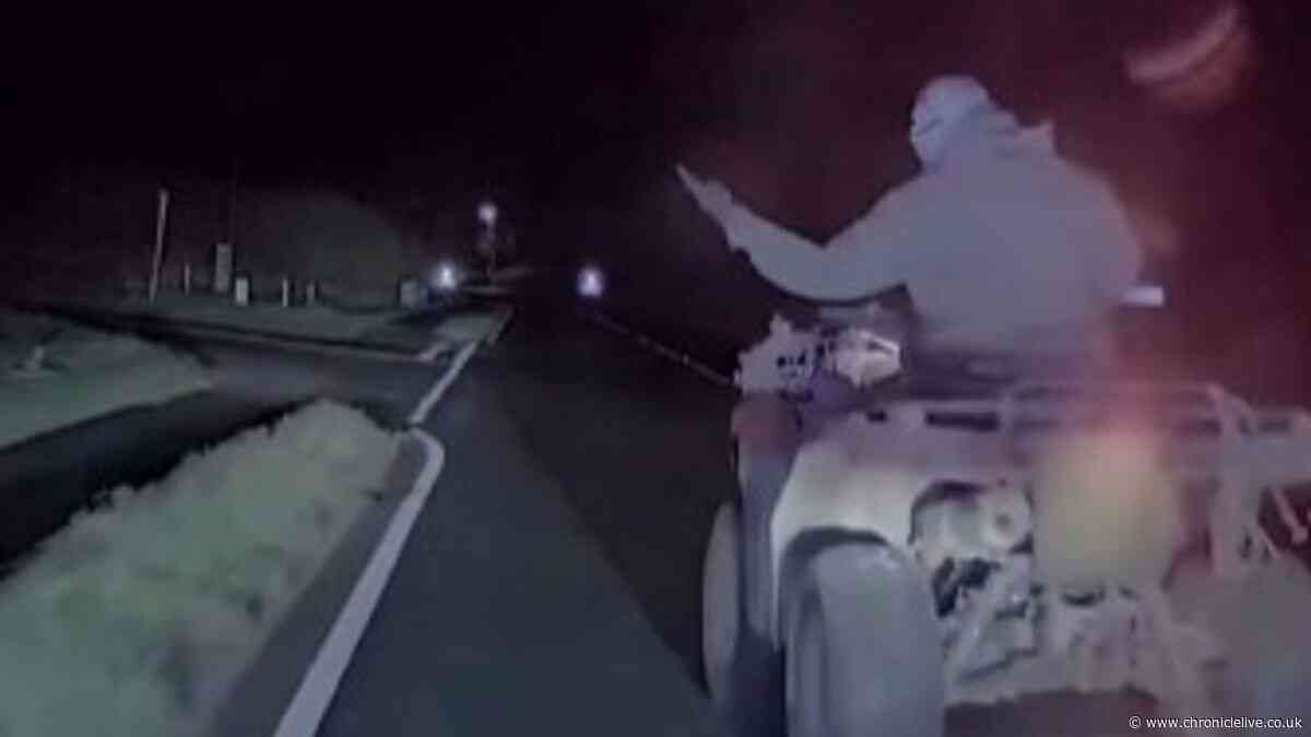 Watch as hooded quad biker leads police on dangerous night-time chase